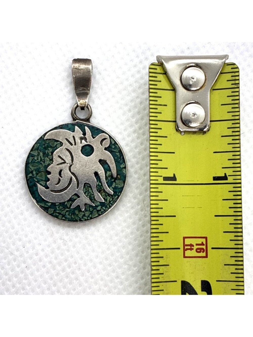.925 Mexico Sterling Silver Turquoise Chip Aztec Warrior Tribal Pendant
